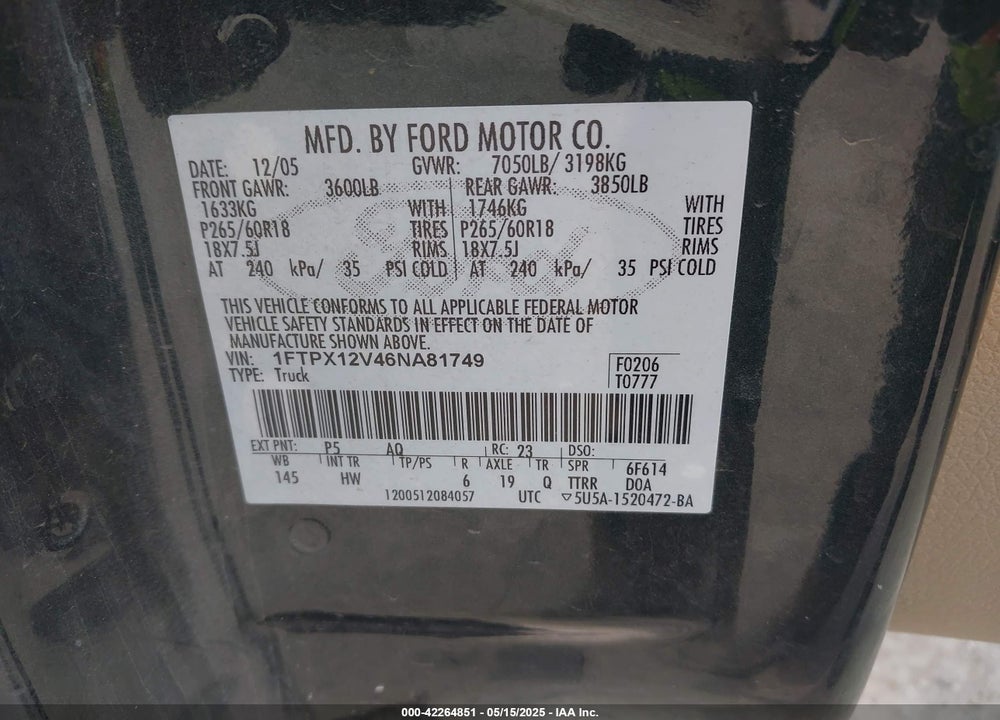 2006 FORD F-150 LARIAT/XL/XLT VIN: 1FTPX12V46NA81749