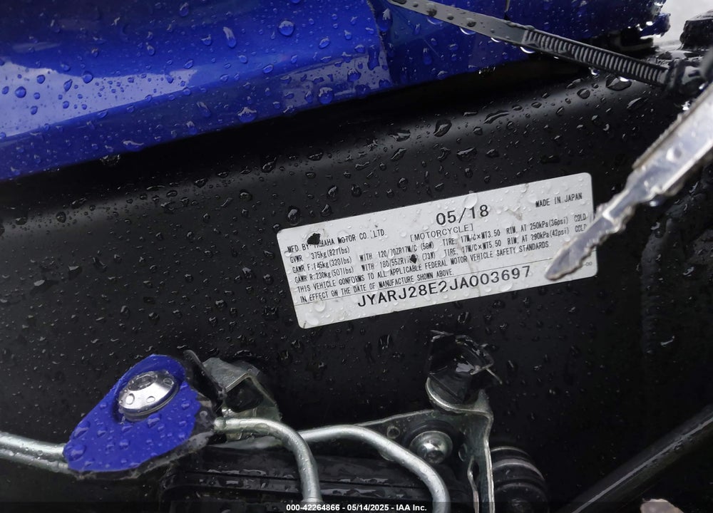 2018 YAMAHA YZFR6 VIN: JYARJ28E2JA003697
