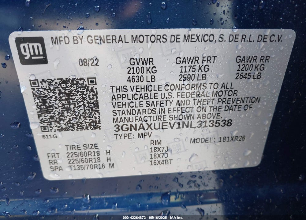 2022 CHEVROLET EQUINOX AWD LT VIN: 3GNAXUEV1NL313538