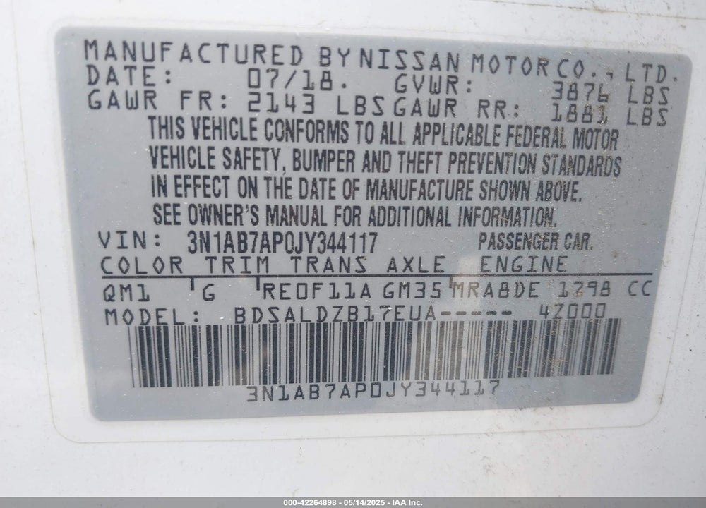 2018 NISSAN SENTRA VIN: 3N1AB7AP0JY344117