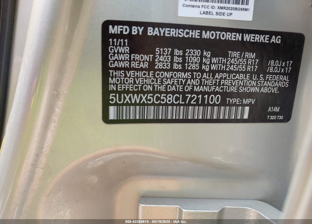 2012 BMW X3 VIN: 5UXWX5C58CL721100