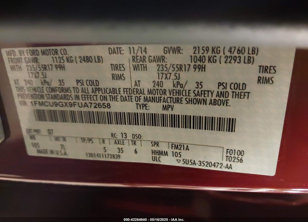 2015 FORD ESCAPE SE VIN: 1FMCU9GX9FUA72658