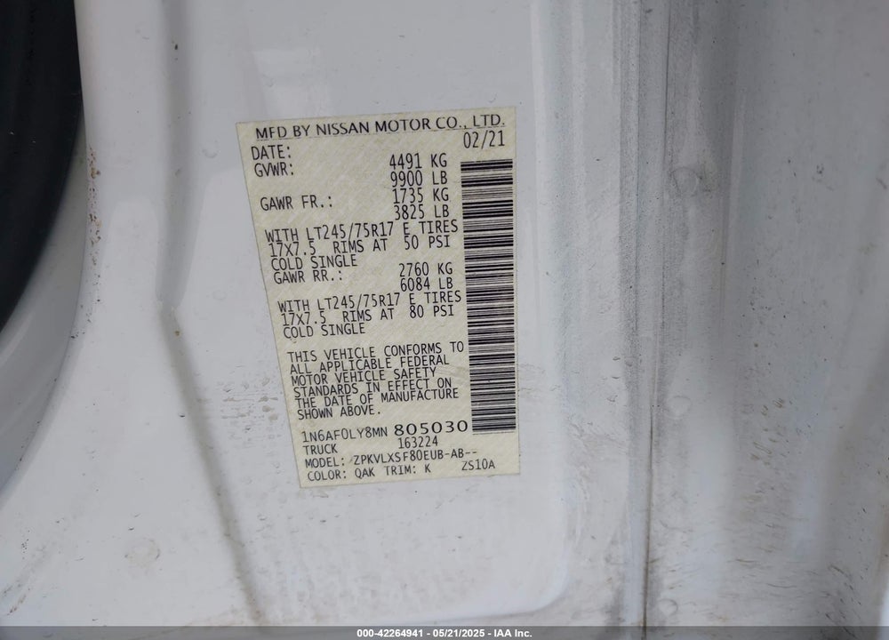 2021 NISSAN NV CARGO NV3500 HD VIN: 1N6AF0LY8MN805030