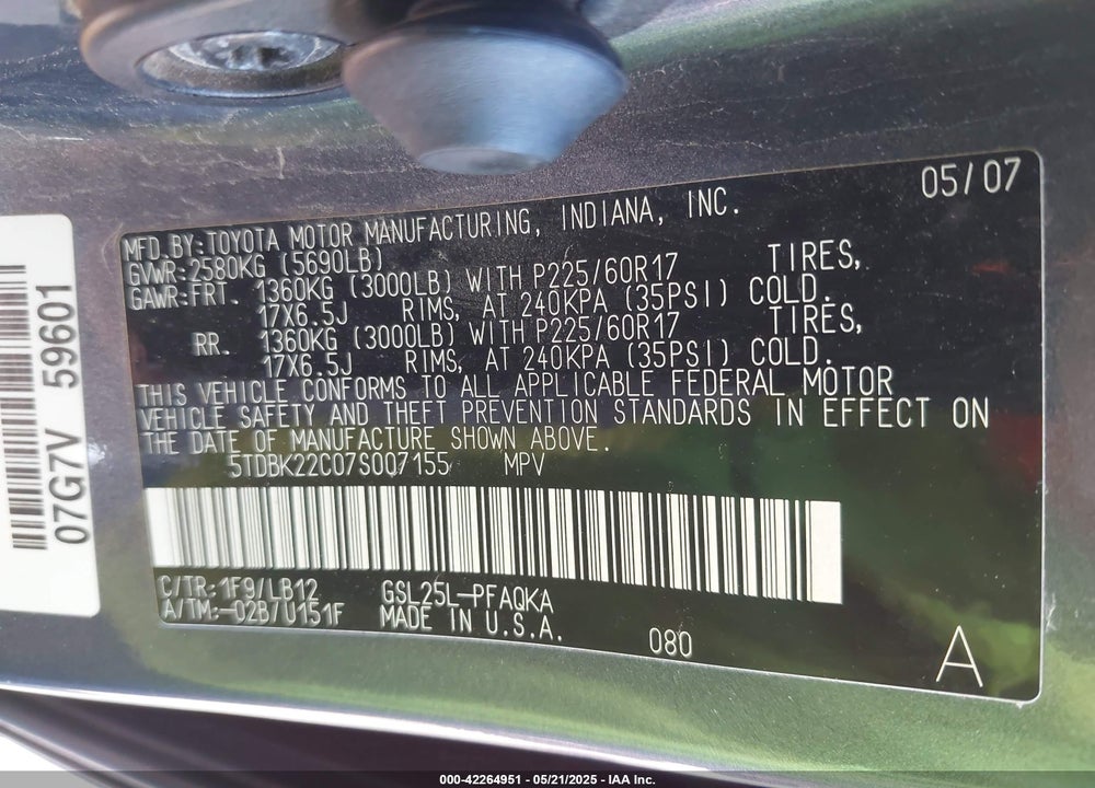 2007 TOYOTA SIENNA XLE VIN: 5TDBK22C07S007155
