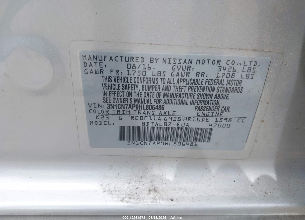 2017 NISSAN VERSA 1.6 SV VIN: 3N1CN7AP9HL806486
