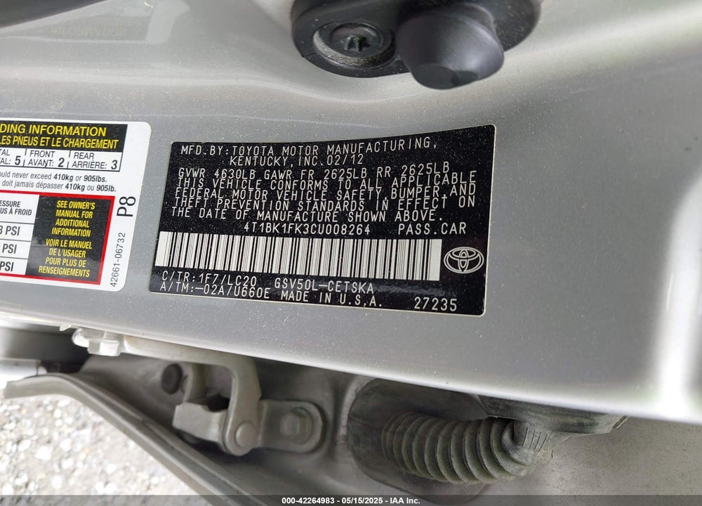 2012 TOYOTA CAMRY VIN: 4T1BK1FK3CU008264