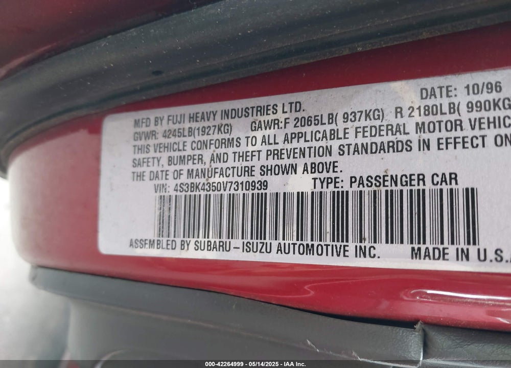 1997 SUBARU LEGACY L/POSTAL RIGHT-HAND DRIVE VIN: 4S3BK4350V7310939