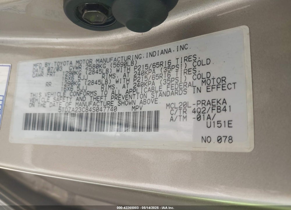 2004 TOYOTA SIENNA LE VIN: 5TDZA23C84S047740