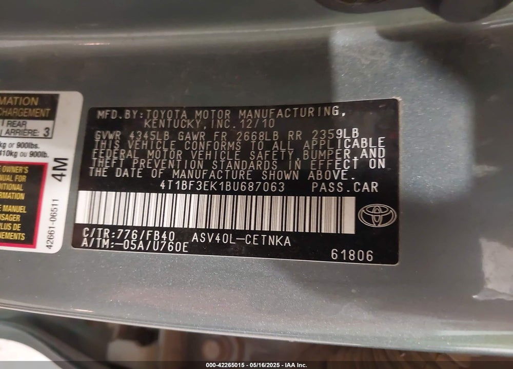 2011 TOYOTA CAMRY VIN: 4T1BF3EK1BU687063