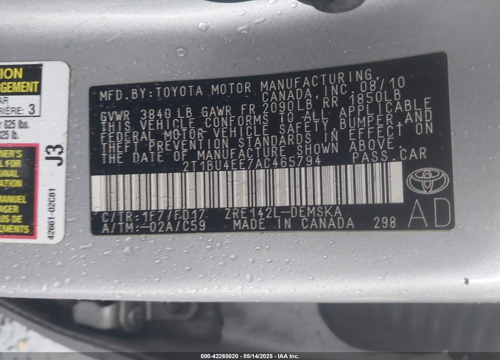 2010 TOYOTA COROLLA VIN: 2T1BU4EE7AC465794