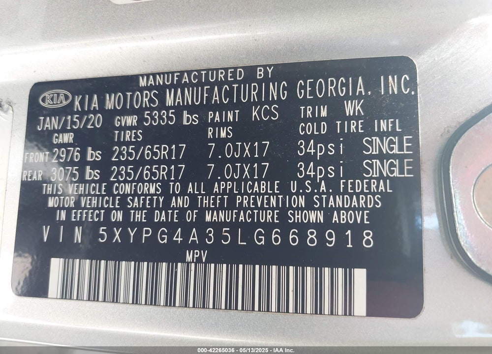 2020 KIA SORENTO 2.4L L VIN: 5XYPG4A35LG668918