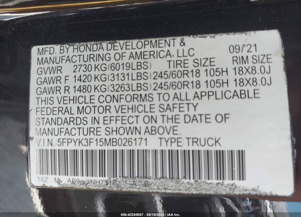 2021 HONDA RIDGELINE VIN: 5FPYK3F15MB026171