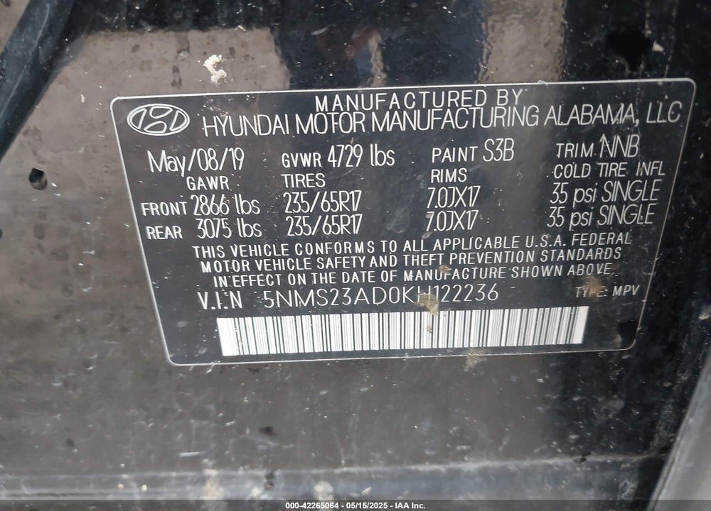2019 HYUNDAI SANTA FE VIN: 5NMS23AD0KH122236