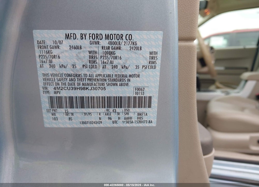 2008 MERCURY MARINER HYBRID VIN: 4M2CU39H98KJ30705