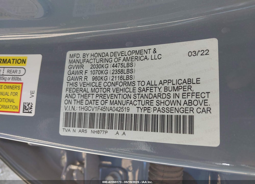 2022 HONDA ACCORD VIN: 1HGCV1F45NA042519