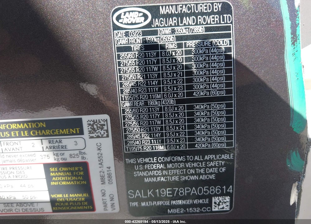 2023 LAND ROVER RANGE ROVER AUTOBIOGRAPHY VIN: SALK19E78PA058614