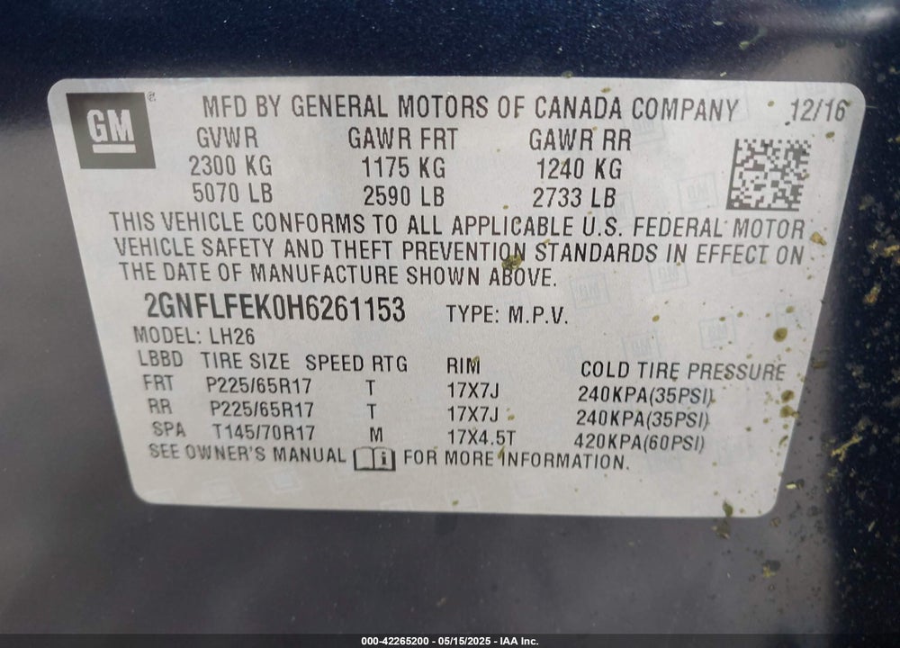 2017 CHEVROLET EQUINOX LT VIN: 2GNFLFEK0H6261153