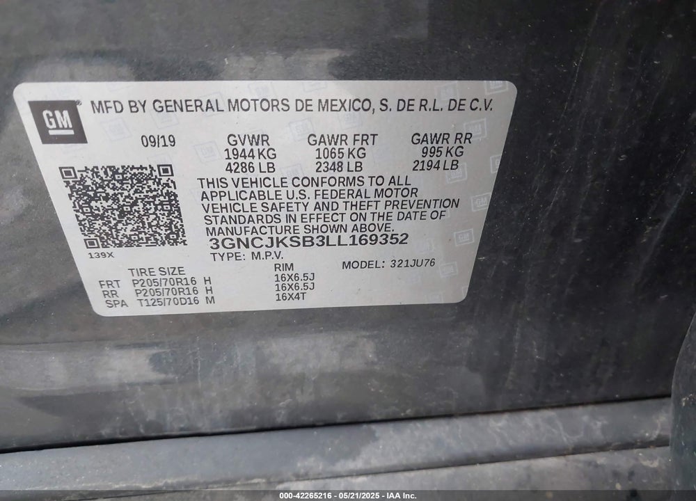 2020 CHEVROLET TRAX FWD LS VIN: 3GNCJKSB3LL169352