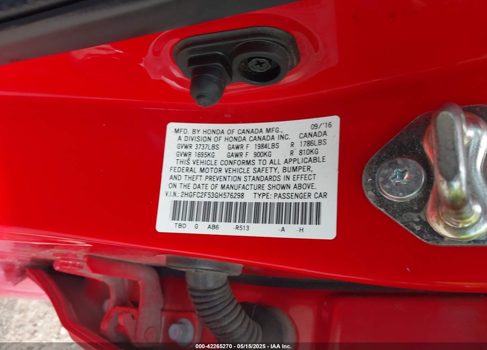 2016 HONDA CIVIC VIN: 2HGFC2F53GH576298