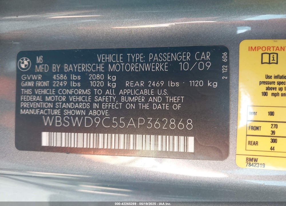 2010 BMW M3 VIN: WBSWD9C55AP362868