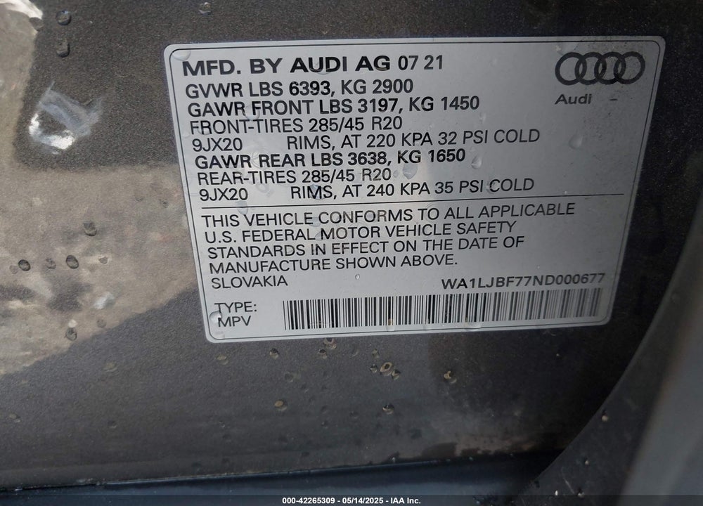 2022 AUDI Q7 VIN: WA1LJBF77ND000677
