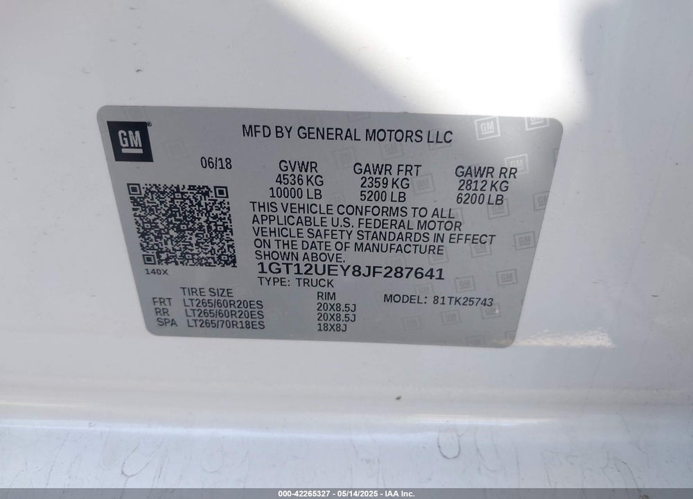 2018 GMC SIERRA VIN: 1GT12UEY8JF287641