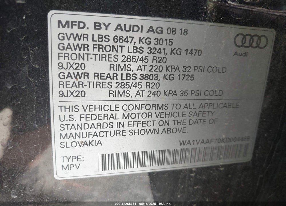 2019 AUDI Q7 VIN: WA1VAAF70KD004469