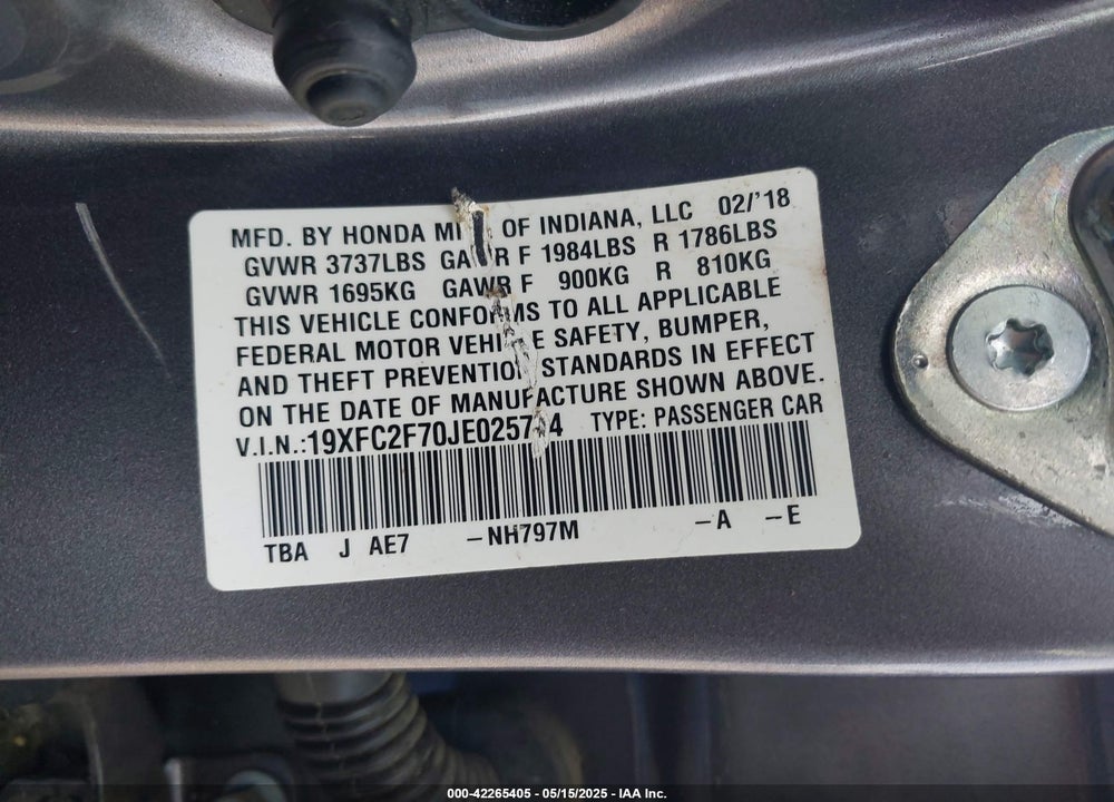 2018 HONDA CIVIC EX VIN: 19XFC2F70JE025734