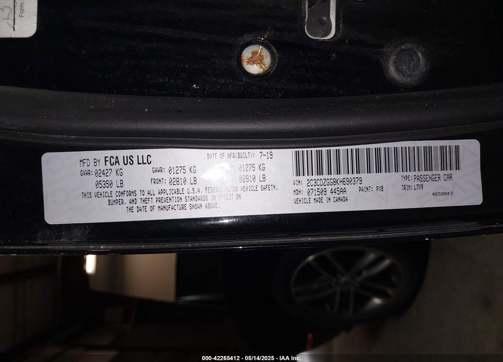 2019 DODGE CHALLENGER VIN: 2C3CDZGG8KH690379