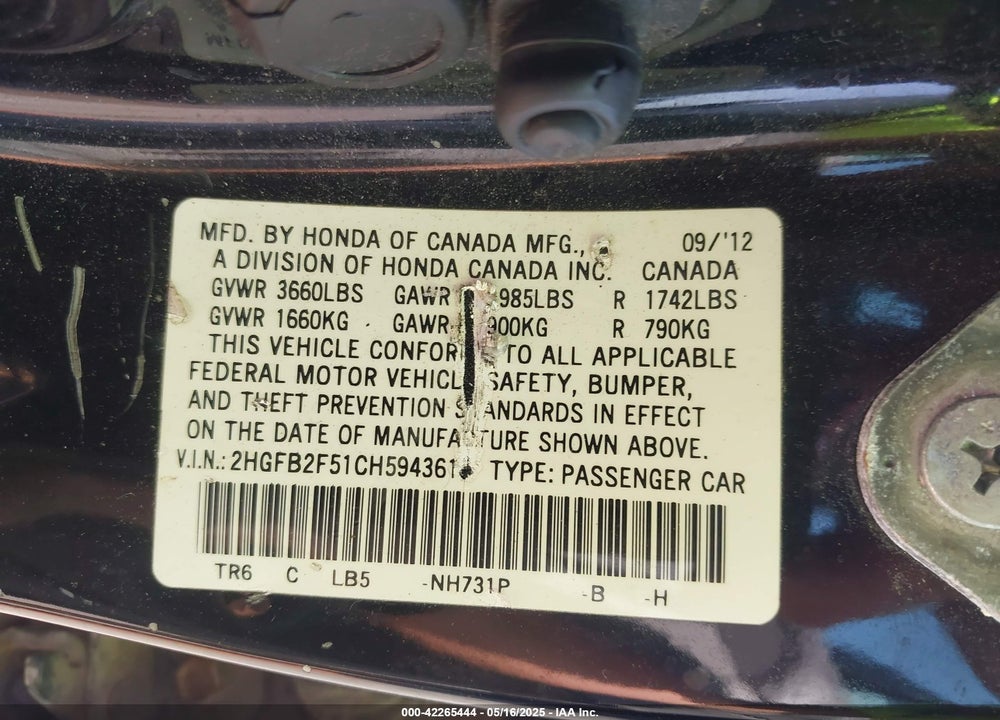 2012 HONDA CIVIC LX VIN: 2HGFB2F51CH594361