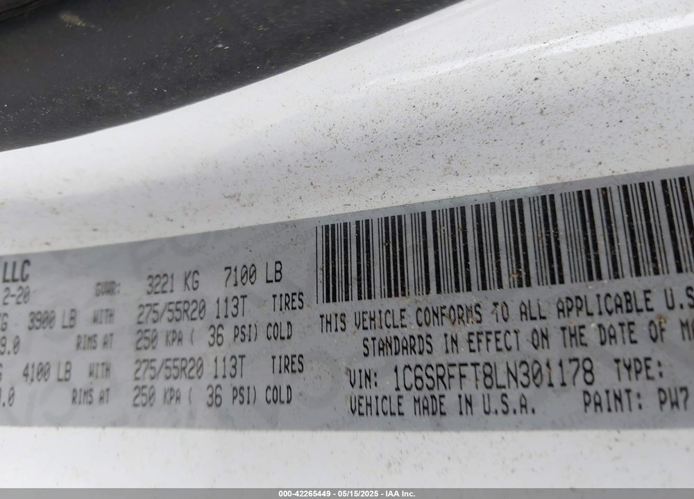 2020 RAM 1500 VIN: 1C6SRFFT8LN301178