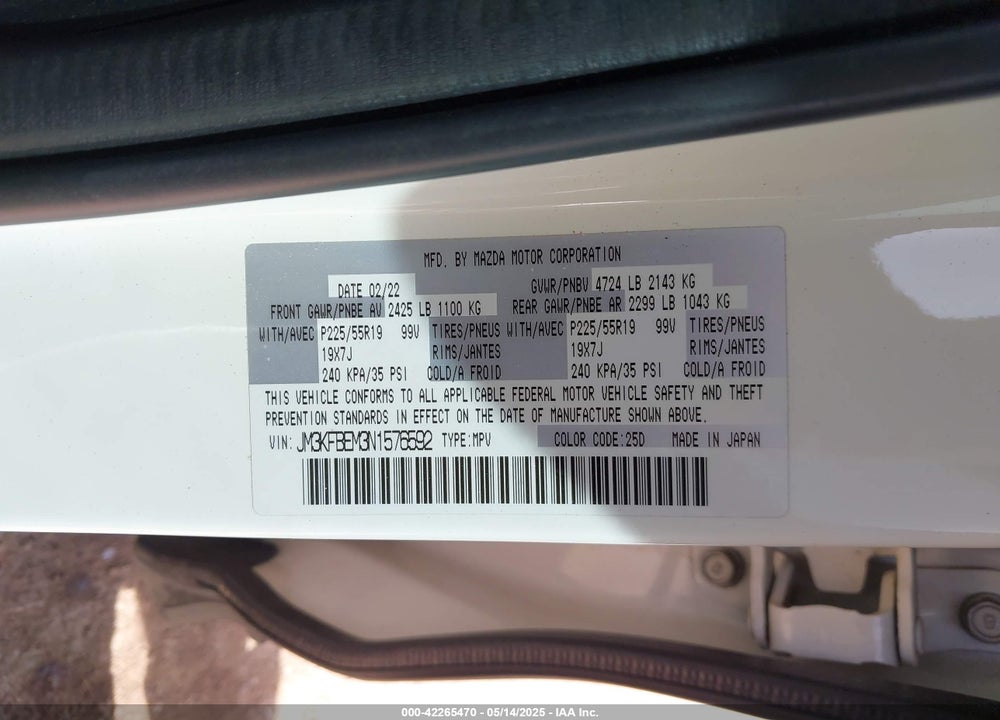 2022 MAZDA CX-5 VIN: JM3KFBEM3N1576592
