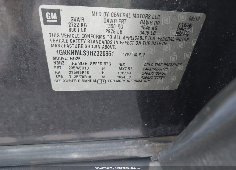 2017 GMC ACADIA VIN: 1GKKNMLS3HZ320861