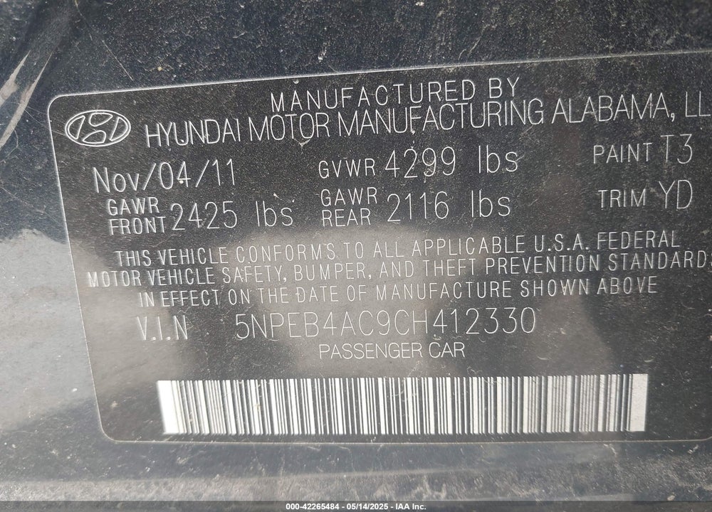 2012 HYUNDAI SONATA VIN: 5NPEB4AC9CH412330