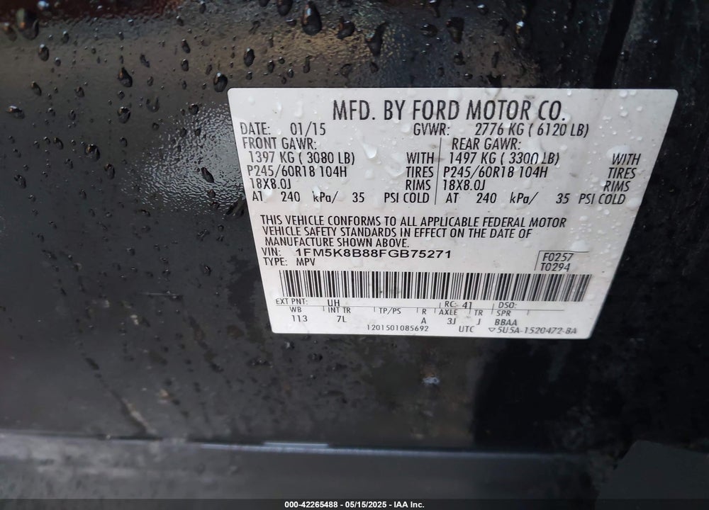 2015 FORD EXPLORER VIN: 1FM5K8B88FGB75271
