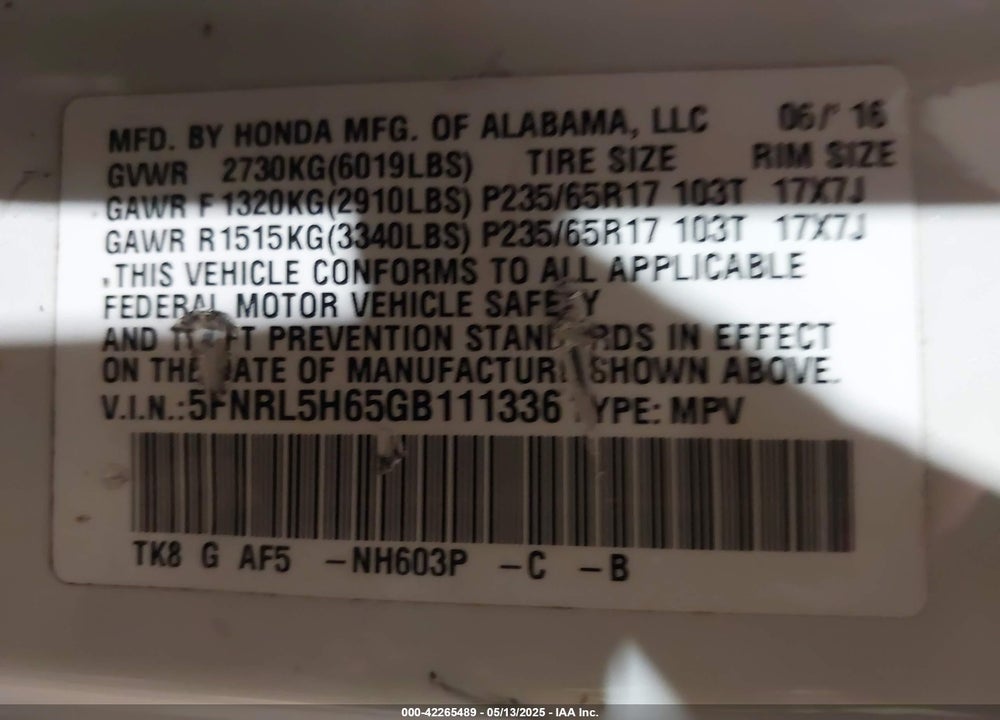 2016 HONDA ODYSSEY EX-L VIN: 5FNRL5H65GB111336