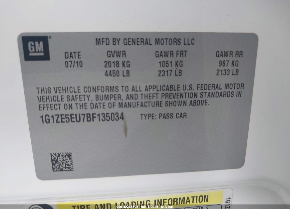 2011 CHEVROLET MALIBU VIN: 1G1ZE5EU7BF135034