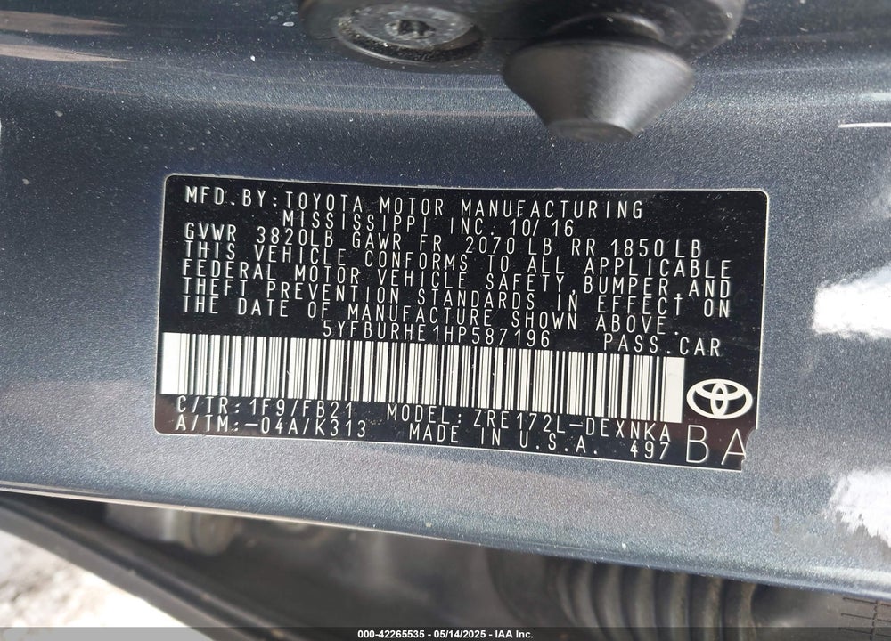 2017 TOYOTA COROLLA VIN: 5YFBURHE1HP587196