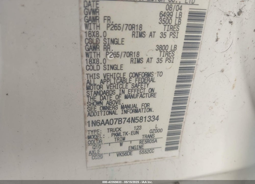 2004 NISSAN TITAN SE VIN: 1N6AA07B74N581334