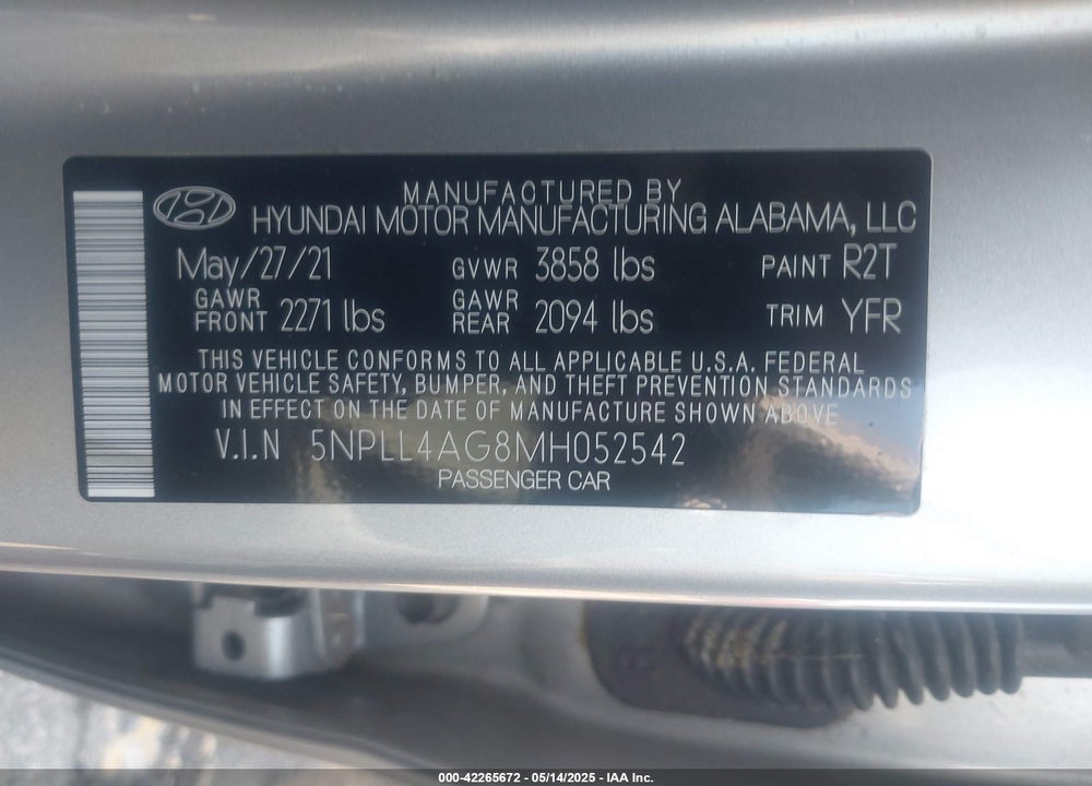 2021 HYUNDAI ELANTRA VIN: 5NPLL4AG8MH052542