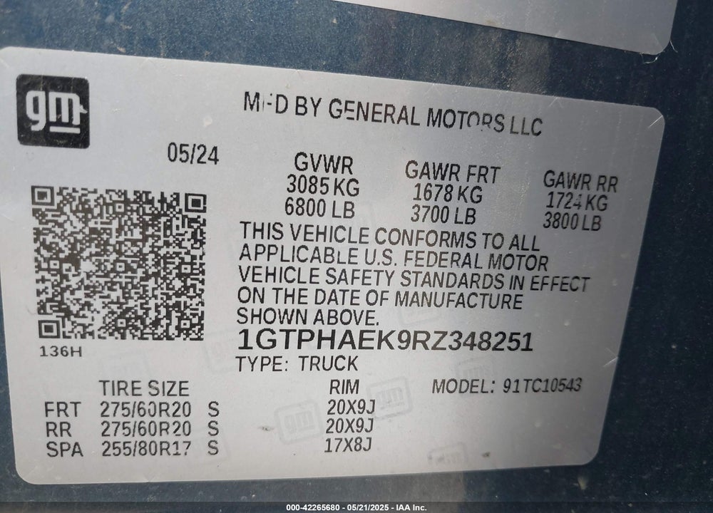 2024 GMC SIERRA 1500 VIN: 1GTPHAEK9RZ348251