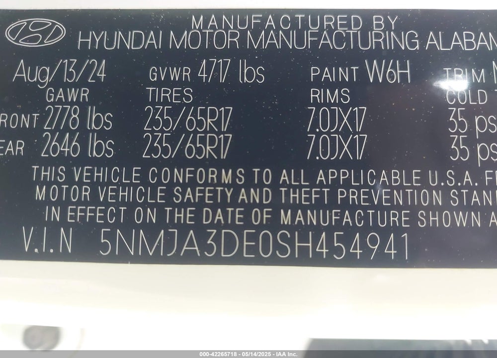 2025 HYUNDAI TUCSON VIN: 5NMJA3DE0SH454941