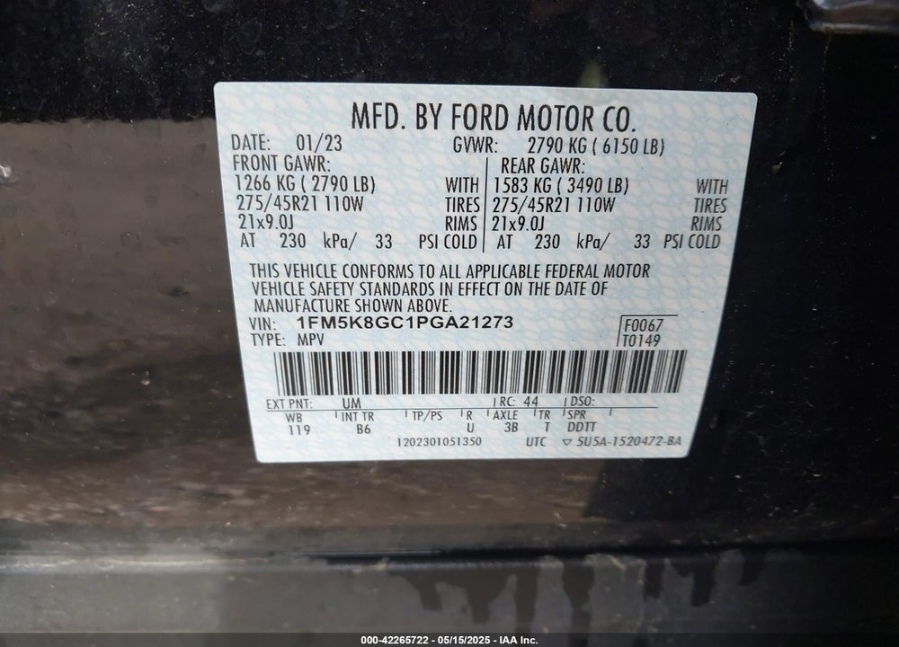 2023 FORD EXPLORER ST VIN: 1FM5K8GC1PGA21273