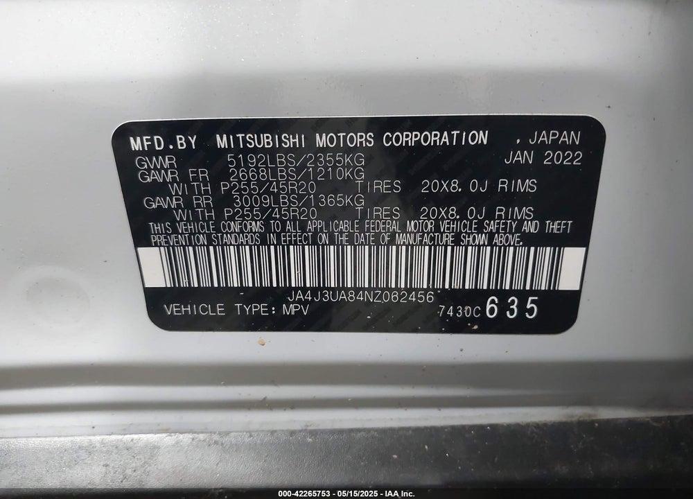 2022 MITSUBISHI OUTLANDER VIN: JA4J3UA84NZ062456