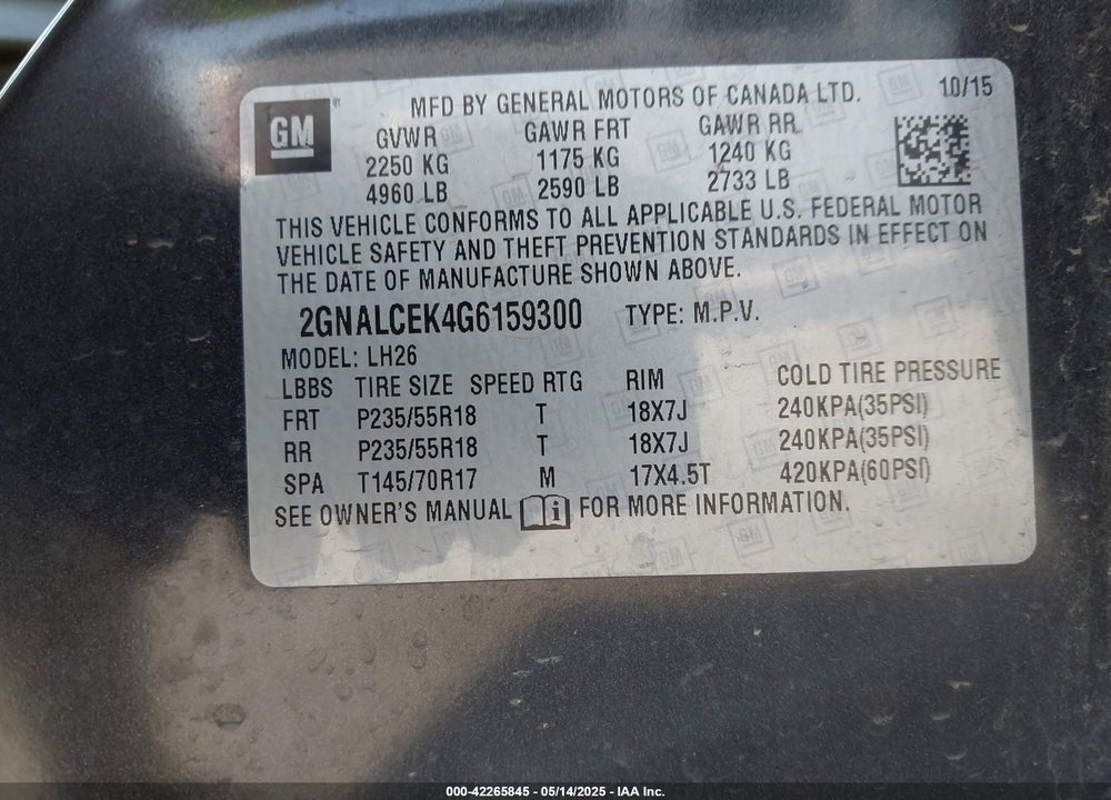 2016 CHEVROLET EQUINOX LT VIN: 2GNALCEK4G6159300