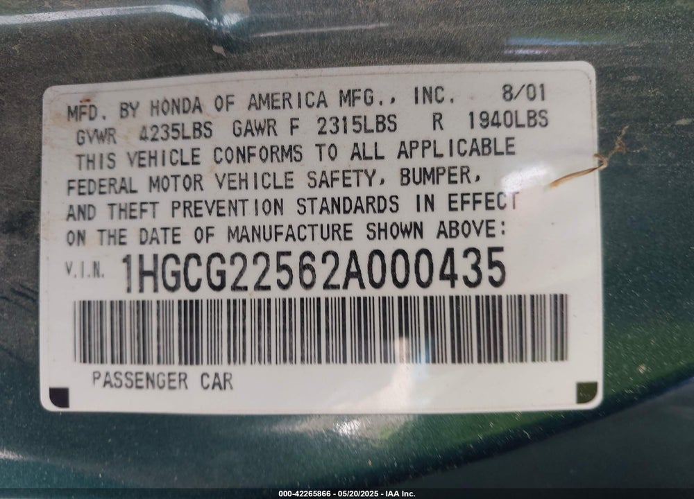 2002 HONDA ACCORD 3.0 EX VIN: 1HGCG22562A000435