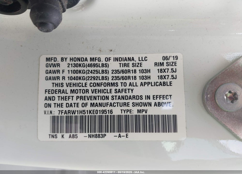 2019 HONDA CR-V EX VIN: 7FARW1H51KE019516