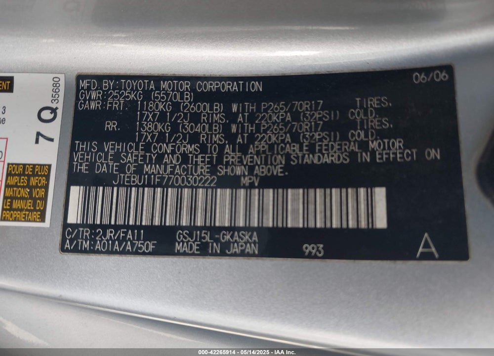 2007 TOYOTA FJ CRUISER VIN: JTEBU11F770030222