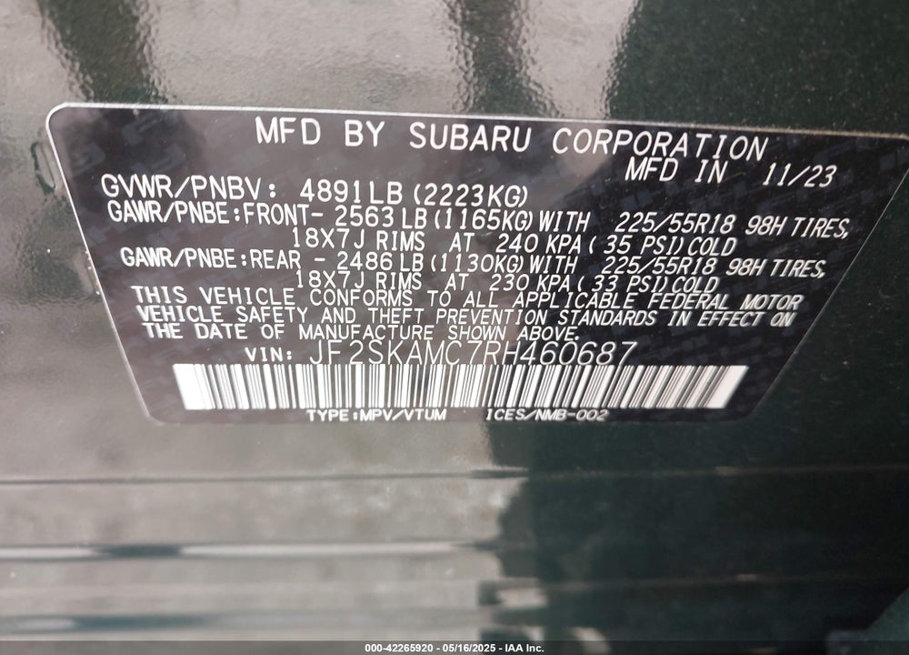 2024 SUBARU FORESTER VIN: JF2SKAMC7RH460687