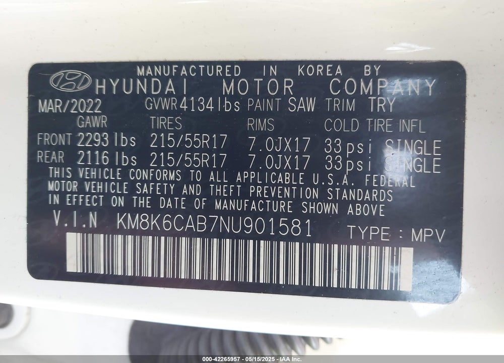 2022 HYUNDAI KONA VIN: KM8K6CAB7NU901581